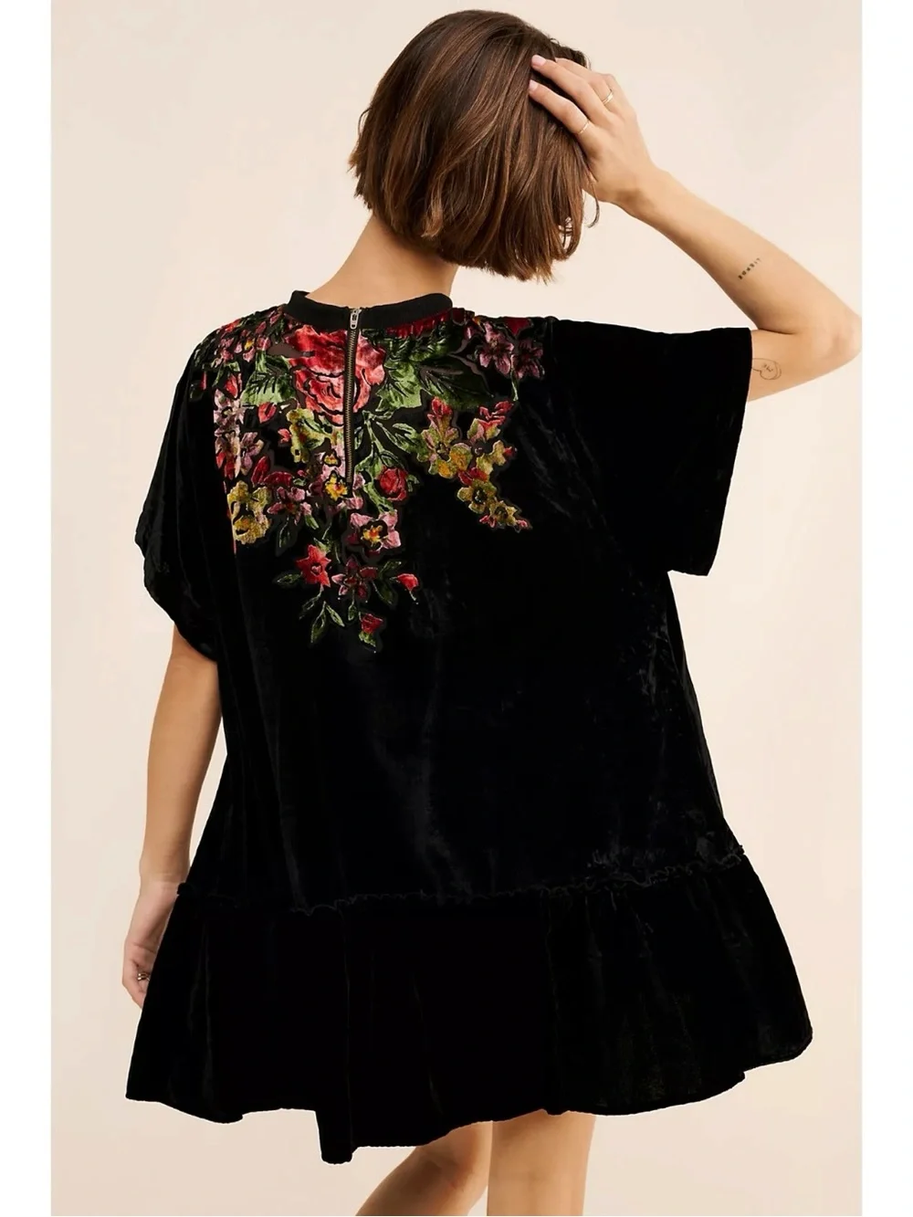 Free People Bohemian Sweet Echoes Black Floral Velvet Devore Tunic Dress Small